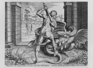 Herkules kämpft mit dem Drachen und pflückt die goldenen Äpfel der Hesperiden