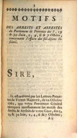 Motifs Des Arrêts Et Arrêtés du Parlement de Provence, des 5, 19 & 30 Juin, 2, 4, 6 & 7 Octobre, concernant l'affaire des soi-disans Jésuites