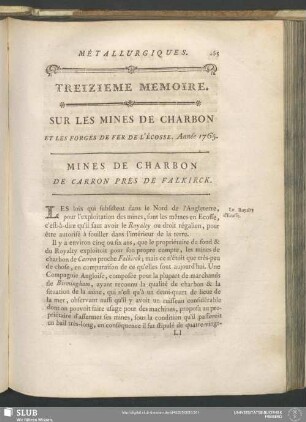Treizieme Memoire. Sur Les Mines De Charbon Et Les Forges De Fer De L'Écosse. Année 1765