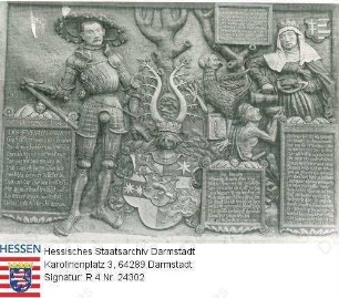 Philipp I. Landgraf v. Hessen (der Großmütige, 1504-1567) / Porträt mit Ehefrau Christine geb. v. Sachsen (1505-1549) bei der Armenspeisung, Wappen und Inschriften / Darstellung auf der Gedenktafel am Hospital Haina