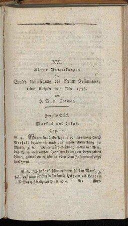 XVI. Kleine Anmerkungen zu Stolz´s Übersetzung des Neuen Testaments; dritte Ausgabe vom Jahr 1798. von H.M.A. Cramer.