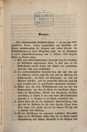 Die Ausstellung der Arbeiten Württembergischer Volksschulen im Jahr ... : Stundenpläne, Lehrgang und Resultate, 1. 1860 (1861)