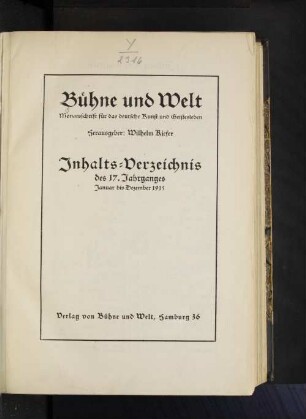 17.1915: Bühne und Welt : Zeitschrift für Theaterwesen, Literatur und Musik ; amtliches Blatt des Deutschen Bühnen-Vereins