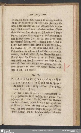 §. 7. Die Gattung in ihren analogen Beziehungen und in ihren unterscheidenden und spezifiken Karakteren betrachtet