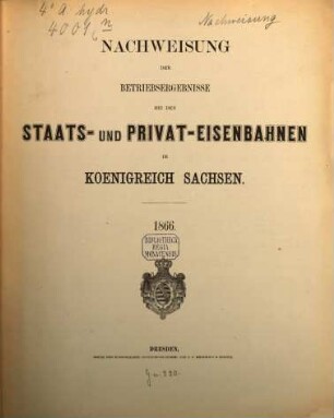 Nachweisung der Betriebsergebnisse bei den Staats- und Privat-Eisenbahnen im Königreich Sachsen. 1866 (1867)