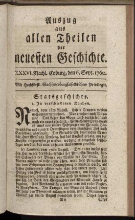 XXXVI. Nachl. Coburg, den 6. Sept. 1760.