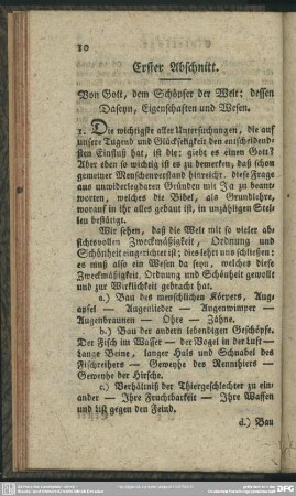 Erster Abschnitt. Von Gott, dem Schöpfer der Welt; dessen Daseyn, Eigenschaften und Wesen
