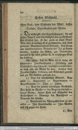 Erster Abschnitt. Von Gott, dem Schöpfer der Welt; dessen Daseyn, Eigenschaften und Wesen