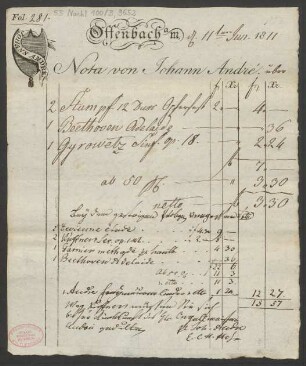 [Rechnung] Nota von Johann André : 11.06.1811