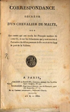 Correspondance Secrète d'un Chevalier de Malthe