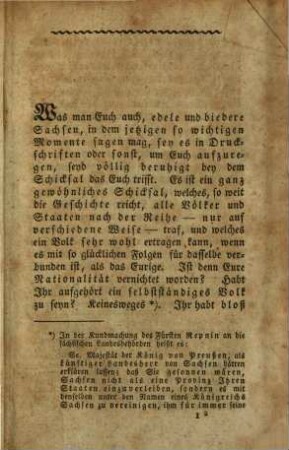 An die Sachsen bey ihrer Vereinigung mit der preußischen Monarchie : von einem ehemaligen Staatsmanne