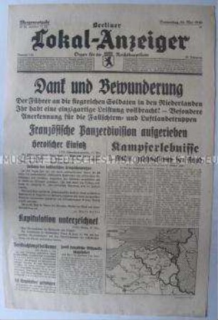 Tageszeitung "Berliner Lokal-Anzeiger" u.a. über die Ansprache Hitlers an die Wehrmachtsverbände in den Niederlanden