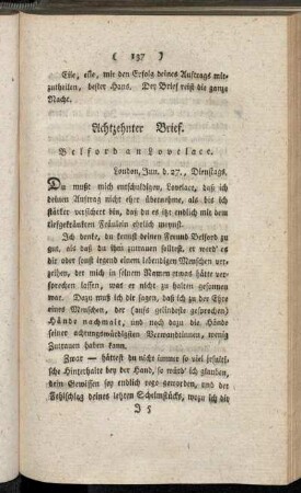 Achtzehnter Brief. Belford an Lovelace. - Fünf und zwanzigster Brief. Belford an Lovelace.