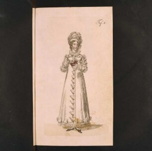 Biedermeier Mode aus: Journal für Literatur, Kunst, Luxus und Mode, Bd. 33, Jg. 1818 — Tafel 8: Dame in weißem Kleid