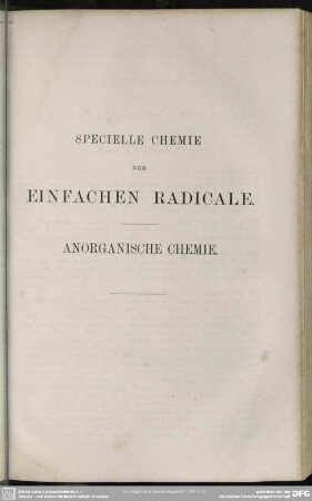 Specielle Chemie der einfachen Radicale. Anorganische Chemie
