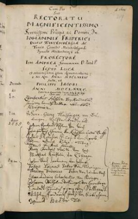 Winterhalbjahr 1684/1685. Rektorat Johann Friedrich Prinz von Württemberg (Prorektor: Johann Andreas Frommann)