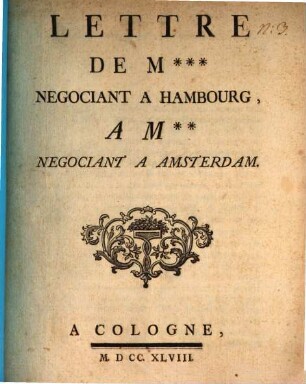 Lettre De M... Negociant A Hambourg, A M... Negociant A Amsterdam