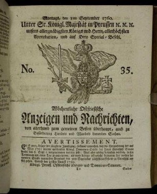 No. 35. Montags, den 1ten September 1760.
