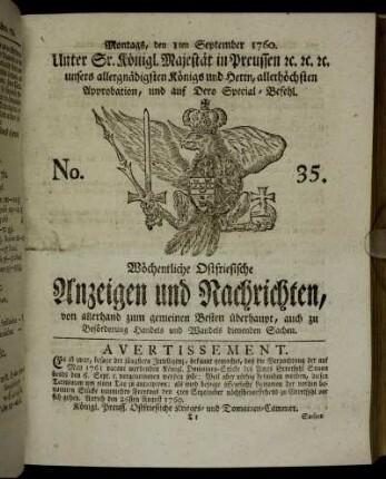 No. 35. Montags, den 1ten September 1760.