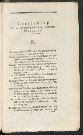 Verzeichniß der in der Konkursordnung enthaltenen Materien