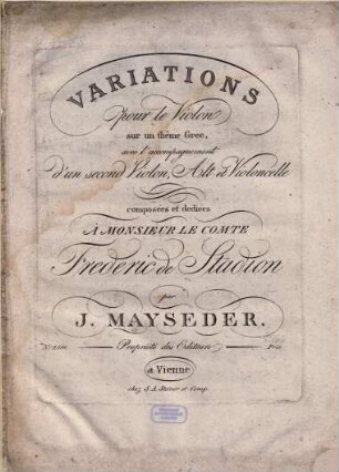 Variations pour le violon sur un thême grec : avec l'accompagnement d'un second violon, alt et violoncelle