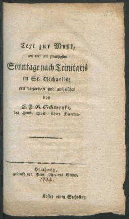 Text zur Musik, am drei und zwanzigsten Sonntage nach Trinitatis in St. Michaelis
