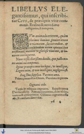 Cato, de præceptis vitæ communis Erasmo Roterodamo castigatore et interprete