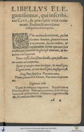 Cato, de præceptis vitæ communis Erasmo Roterodamo castigatore et interprete