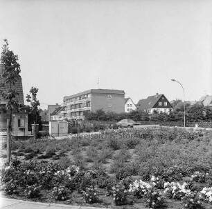 Möllner Landstraße mit Pkw: vorn Blumenrabatten: links Telefonzelle und Verteilerkästen: hinten Wohnhäuser