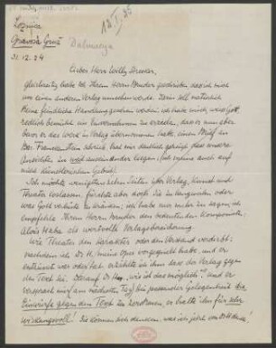 Brief an Willy Strecker an B. Schott's Söhne : 31.12.1924