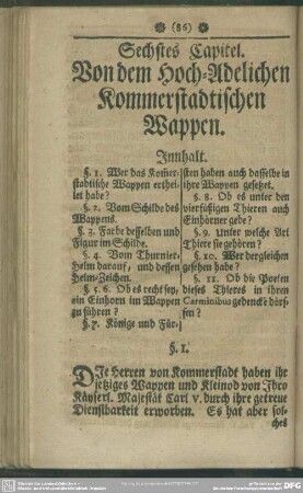 Sechstes Capitel. Von dem Hoch-Adelichen Kommerstadtischen Wappen