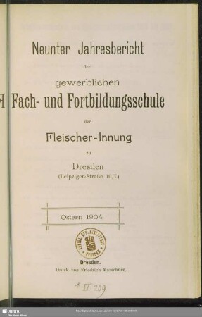 9.1904: Jahresbericht der Gewerblichen Fach- und Fortbildungsschule der Fleischer-Innung zu Dresden