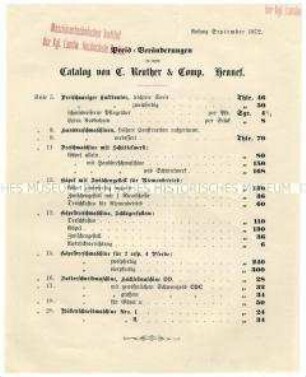 Preisliste über landwirtschaftliche Maschinen