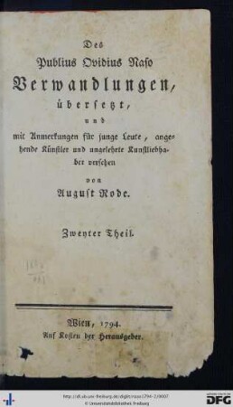 Zweyter Theil: Des Publius Ovidius Naso Verwandlungen