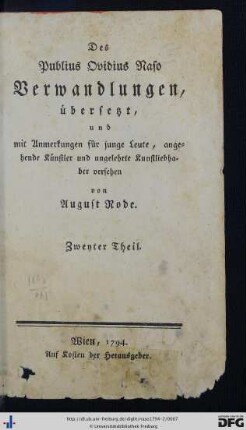 Zweyter Theil: Des Publius Ovidius Naso Verwandlungen