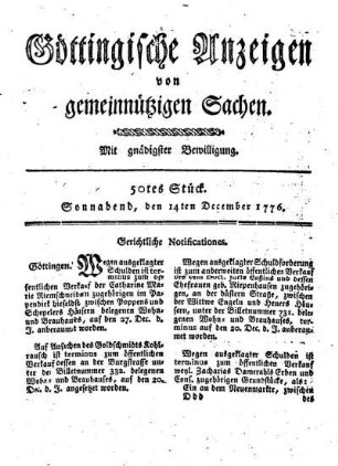 50tes Stück. Sonnabend, den 14ten December 1776.