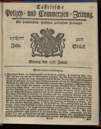 30tes Stueck, Montag den 23ten Julius. 1787