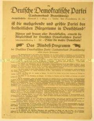 Programmatischer Wahlaufruf der Deutschen Demokratischen Partei (Landesverband Braunschweig) mit Mindest-Programm, Kommunal-Programm und Beitrittsaufruf