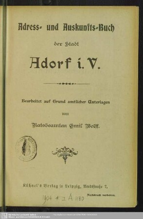 1904: Adress- und Auskunfts-Buch der Stadt Adorf i. V.