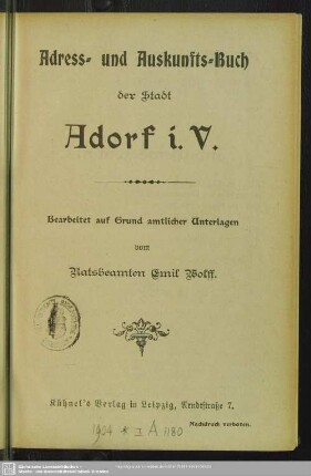1904: Adress- und Auskunfts-Buch der Stadt Adorf i. V.