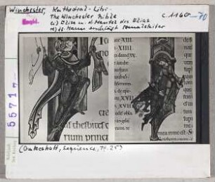 WInchester: Kathedralbibliothek, Winchester Bible, links: Elisa und der Mantel des Elias, rechts: Mann erschlägt Amalekiter