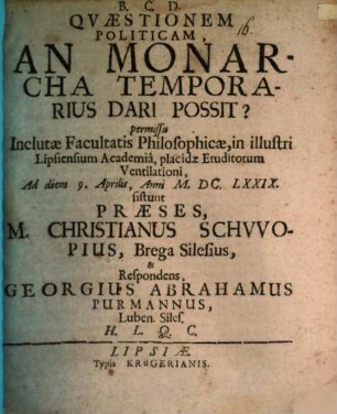 Qvaestionem Politicam, An Monarcha Temporarius Dari Possit?