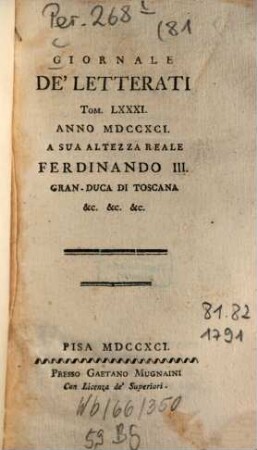 Giornale de'letterati. 81. 1791