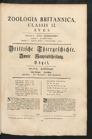 Zoologica Britannica. Classis II. Aves ... Brittische Thiergeschichte. Zwote Hauptabtheilung. Vögel