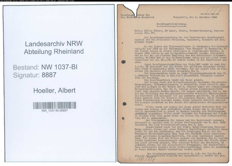 Entnazifizierung Albert Hoeller , geb. 01.01.1899 (Lehrer)