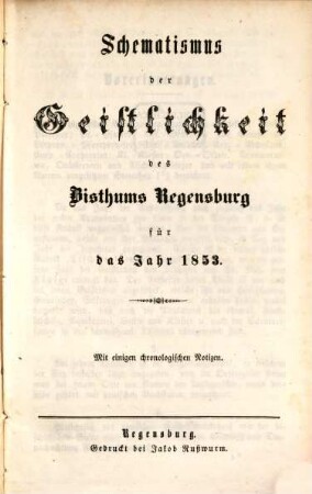 Schematismus des Bistums Regensburg. 1853, 1853