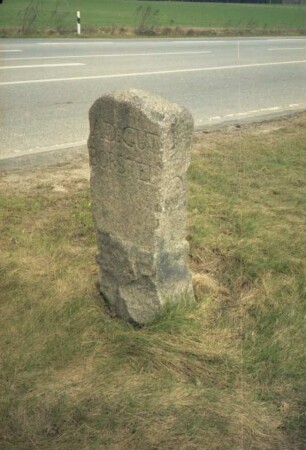 Borstel (Kreis Segeberg): bei Grenze zu Itzstedt: an Bundesstraße 432: Grenzstein zwischen Adligem Gut Borstel und Amt Tremsbüttel: Seite Borstel: auf Schmalseite Hufeisen-Symbol