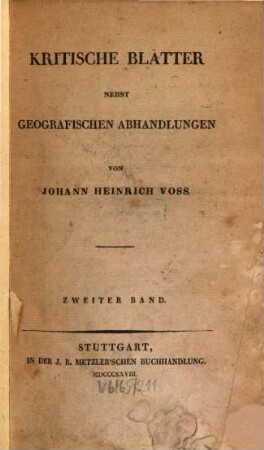 Kritische Blätter : nebst geografischen Abhandlungen, 2