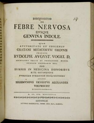 Disquisitio De Febre Nervosa Eiusque Genuina Indole