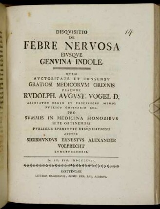 Disquisitio De Febre Nervosa Eiusque Genuina Indole